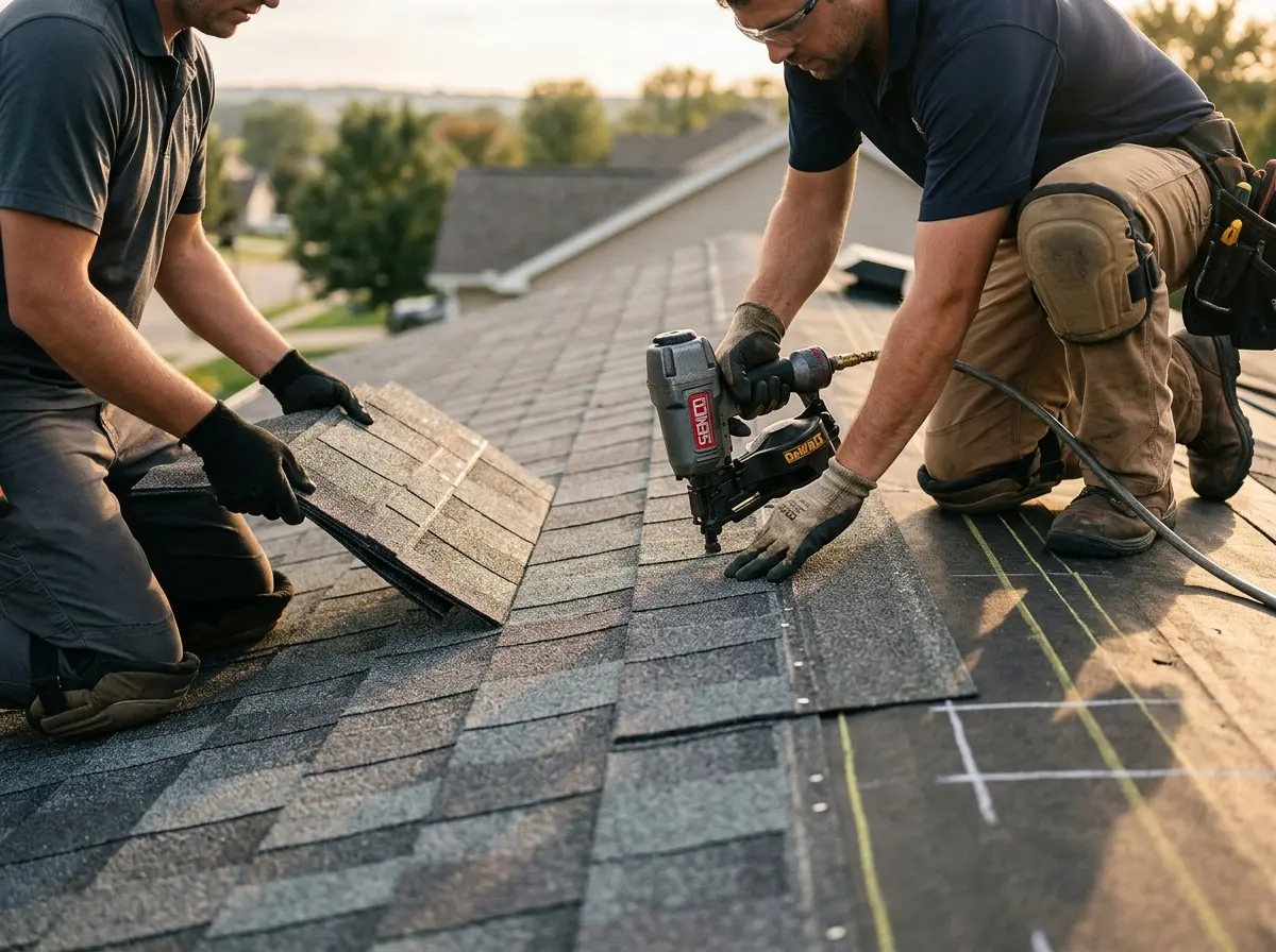 Professional roofer working on a residential roof in Chesterfield